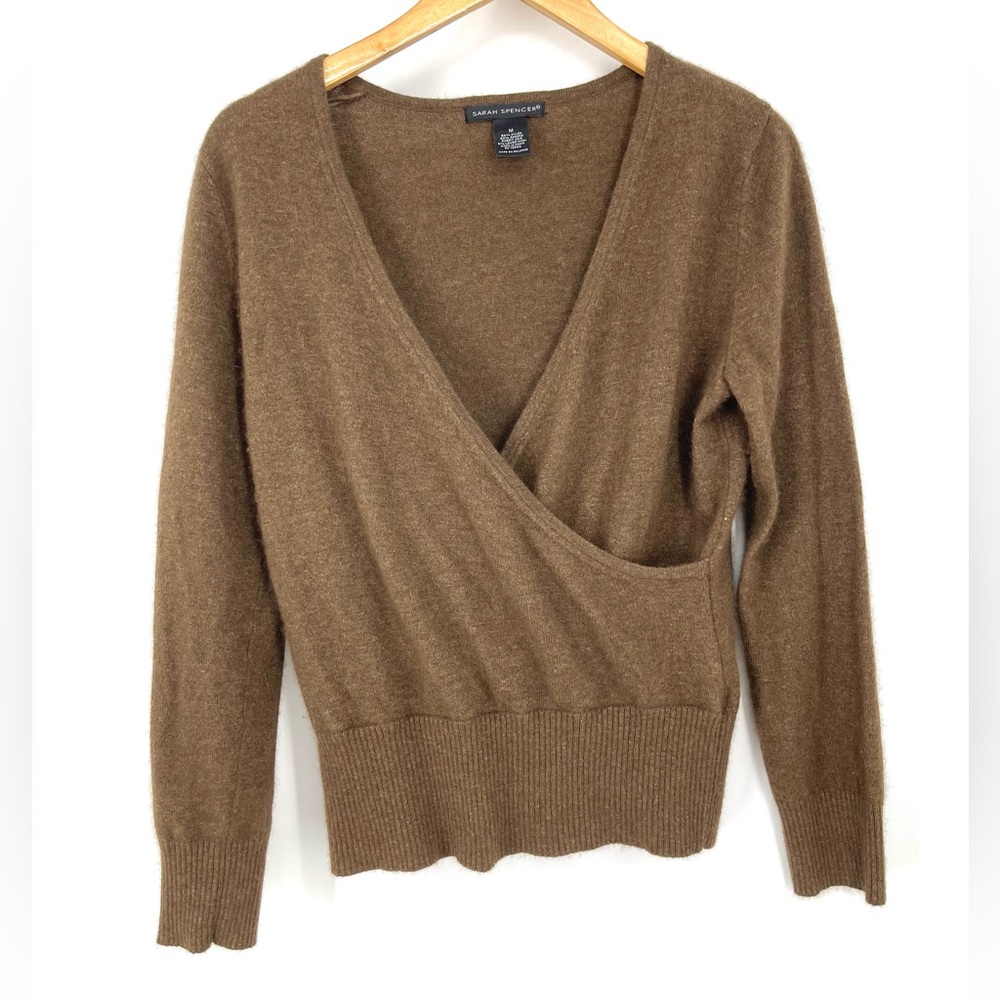 ✨Vtg 90s V-Neck Sweater Chestnut Brown Faux Wrap Angora Lambswool Surplice